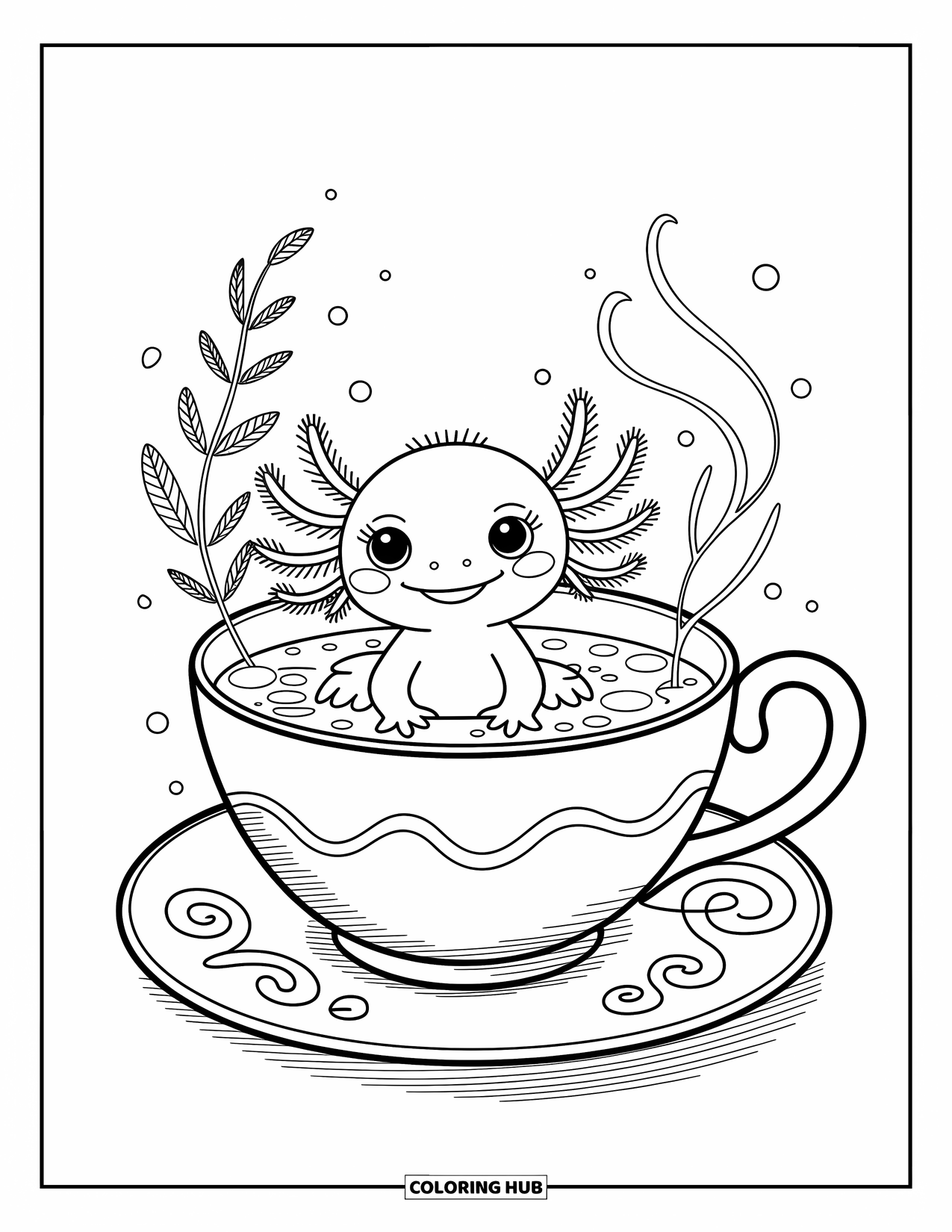 Baby Axolotl Coloring Page for Adults: Playful axolotl sits in a teacup, surrounded by plants and tiny pebbles