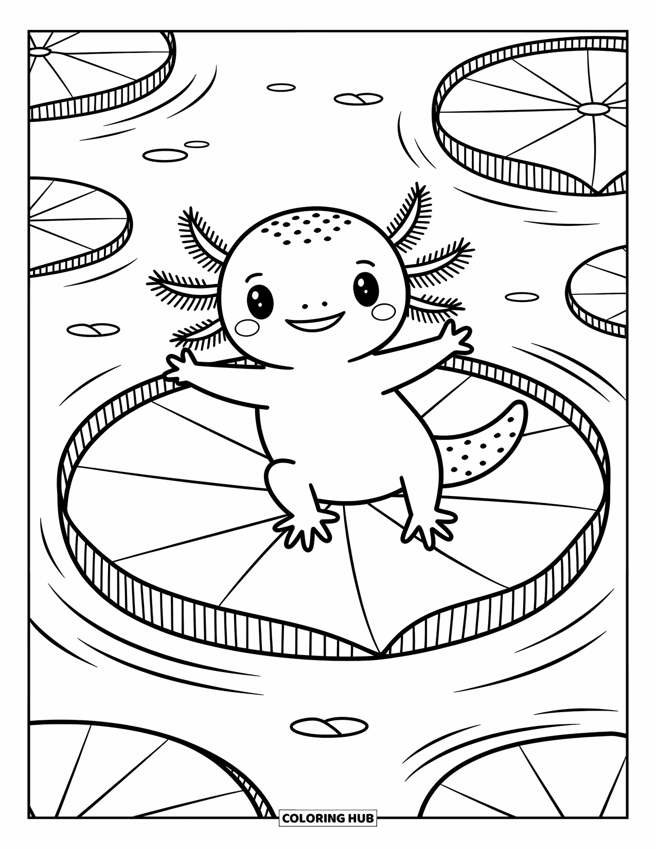 Baby Axolotl Coloring Page for Adults: Stretching axolotl rests on a lily pad in a dreamy pond scene