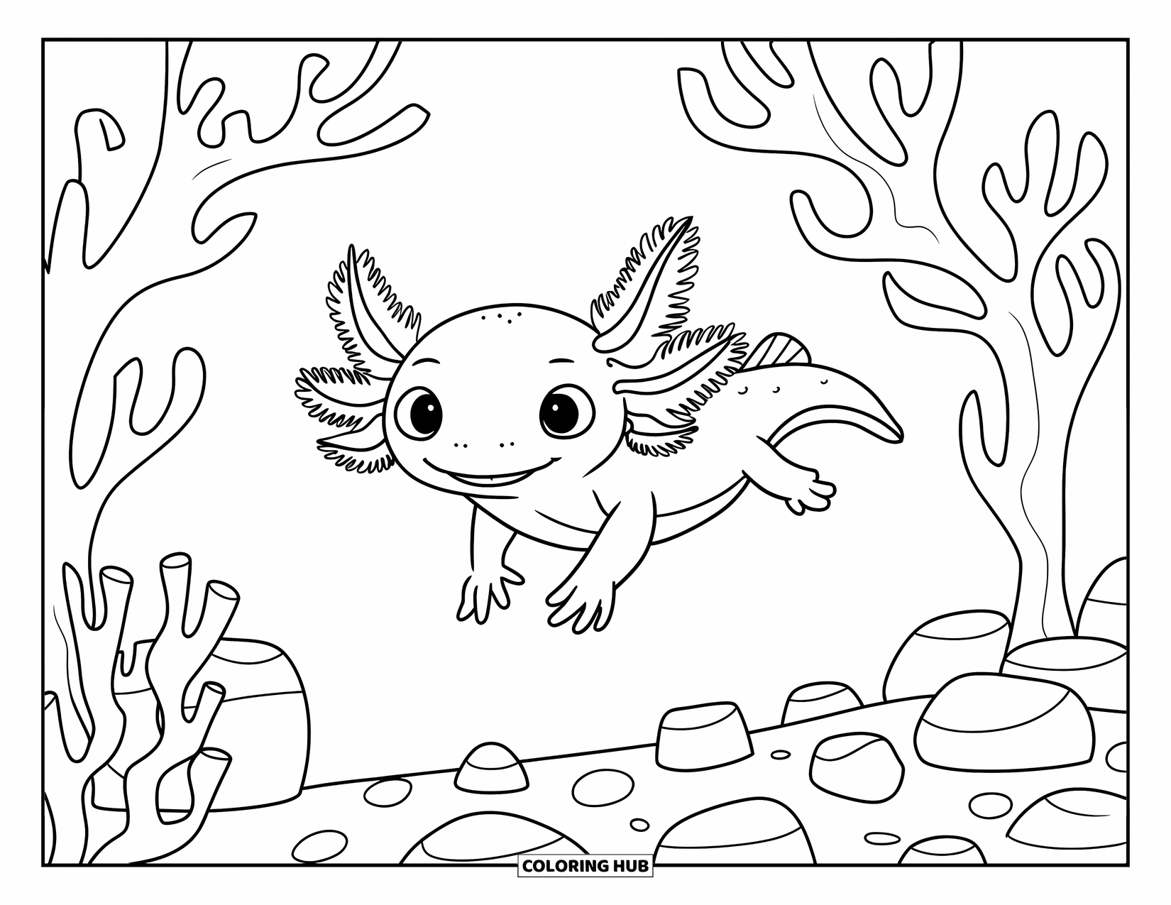 Baby Axolotl Coloring Page for Kids: Axolotl explores coral branches and stones in a clear underwater world