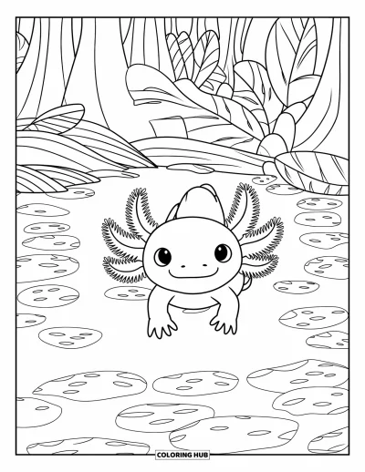 Målarbild med axolotlungar för barn: Axolotl glider genom en skogsdamm fylld med alger och stora löv