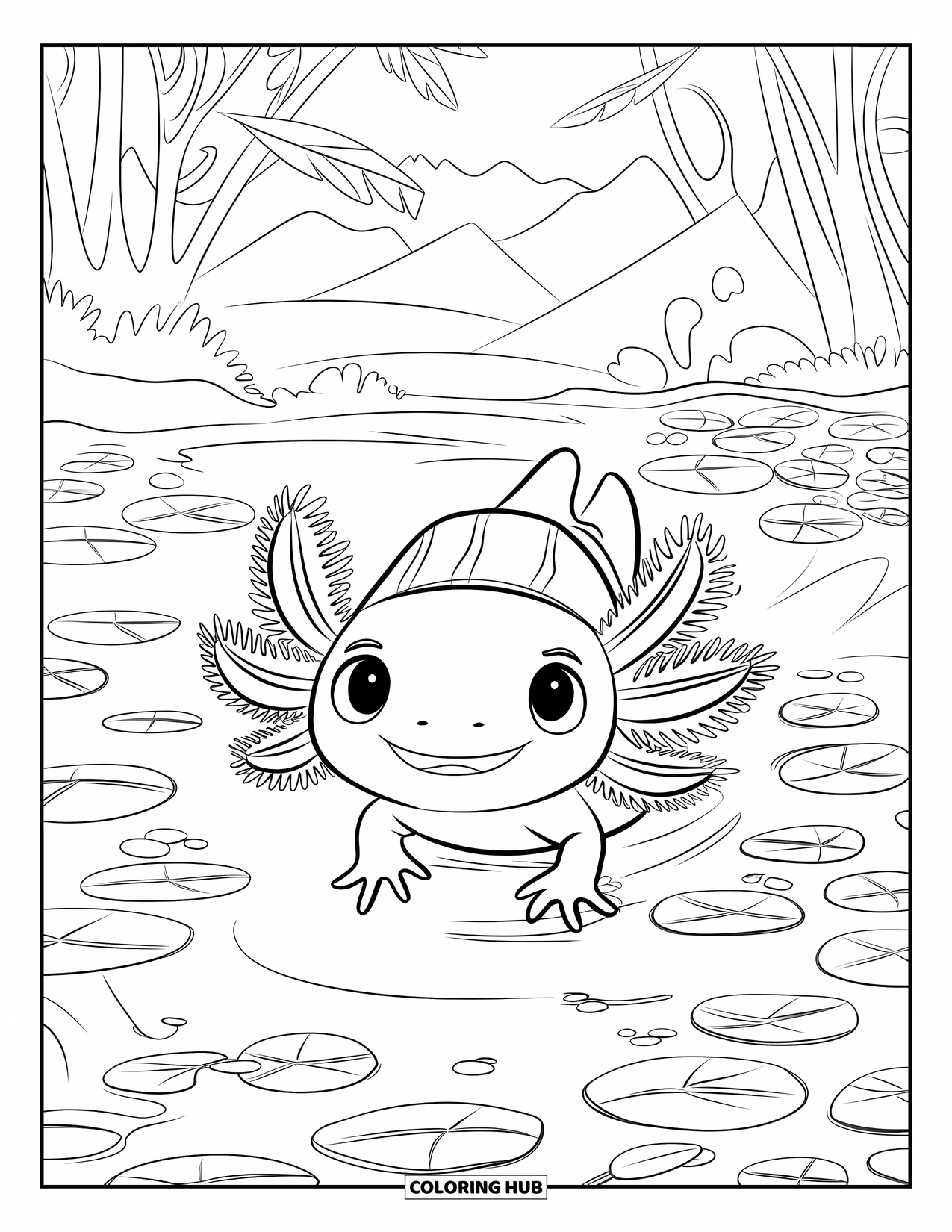 Baby Axolotl Coloring Page for Kids: Axolotl glides through a green pond forest wearing a cute little hat