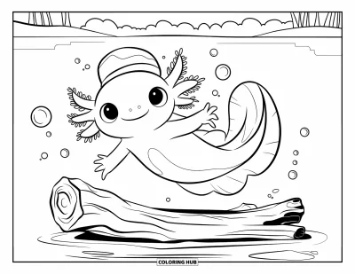 Målarbild med axolotlungar för barn: Axolotl med söt hatt snurrar runt drivved i en stilla sjöscen