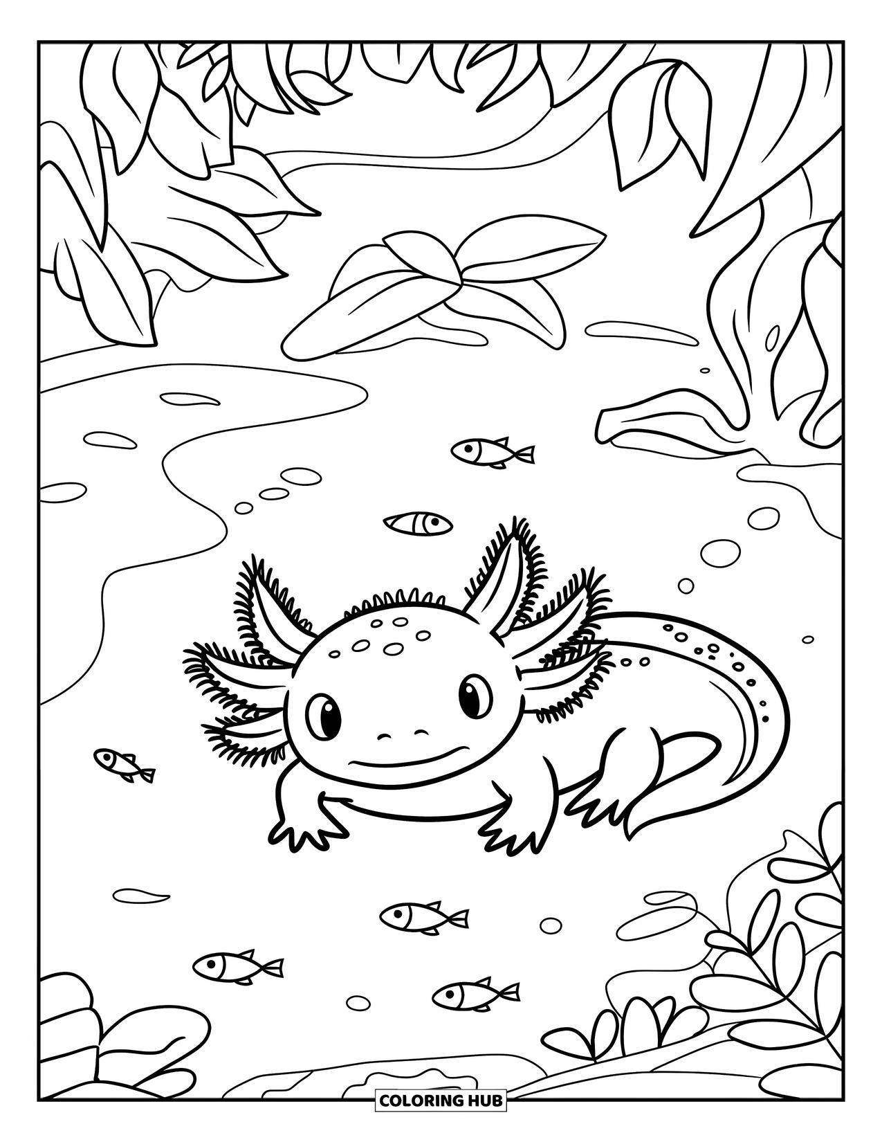Baby Axolotl Coloring Page for Kids: Axolotl lies in a leafy cove with little fish floating around