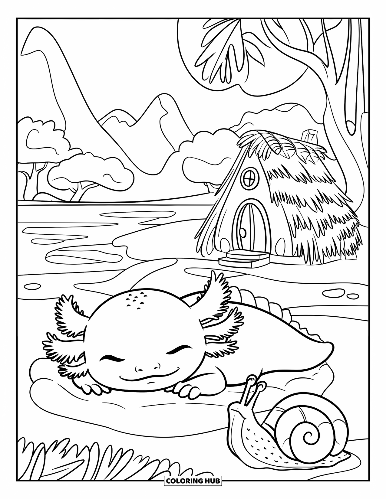 Baby Axolotl Coloring Page for Kids: Axolotl naps near a snail and a tiny house by a mountain lake