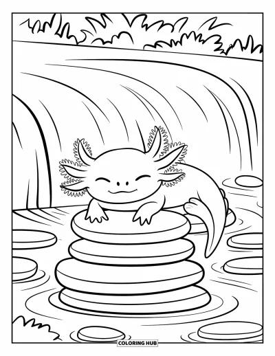 Målarbild med axolotlungar för barn: Axolotl tupplur fridfullt på flodstenar under mjuka vattenfallsstrålar