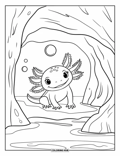 Målarbild med axolotlungar för barn: Axolotl tittar ut från en mysig grotta under en lugn vattenyta