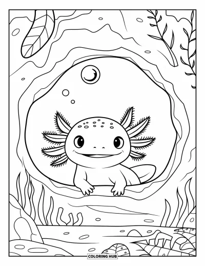 Målarbild med axolotlungar för barn: Axolotl tittar ut från en grotta omgiven av stenar och växter