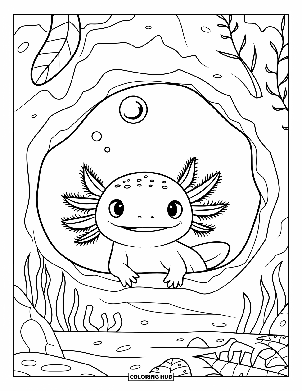 Baby Axolotl Coloring Page for Kids: Axolotl peeks out from a cave surrounded by rocks and plants