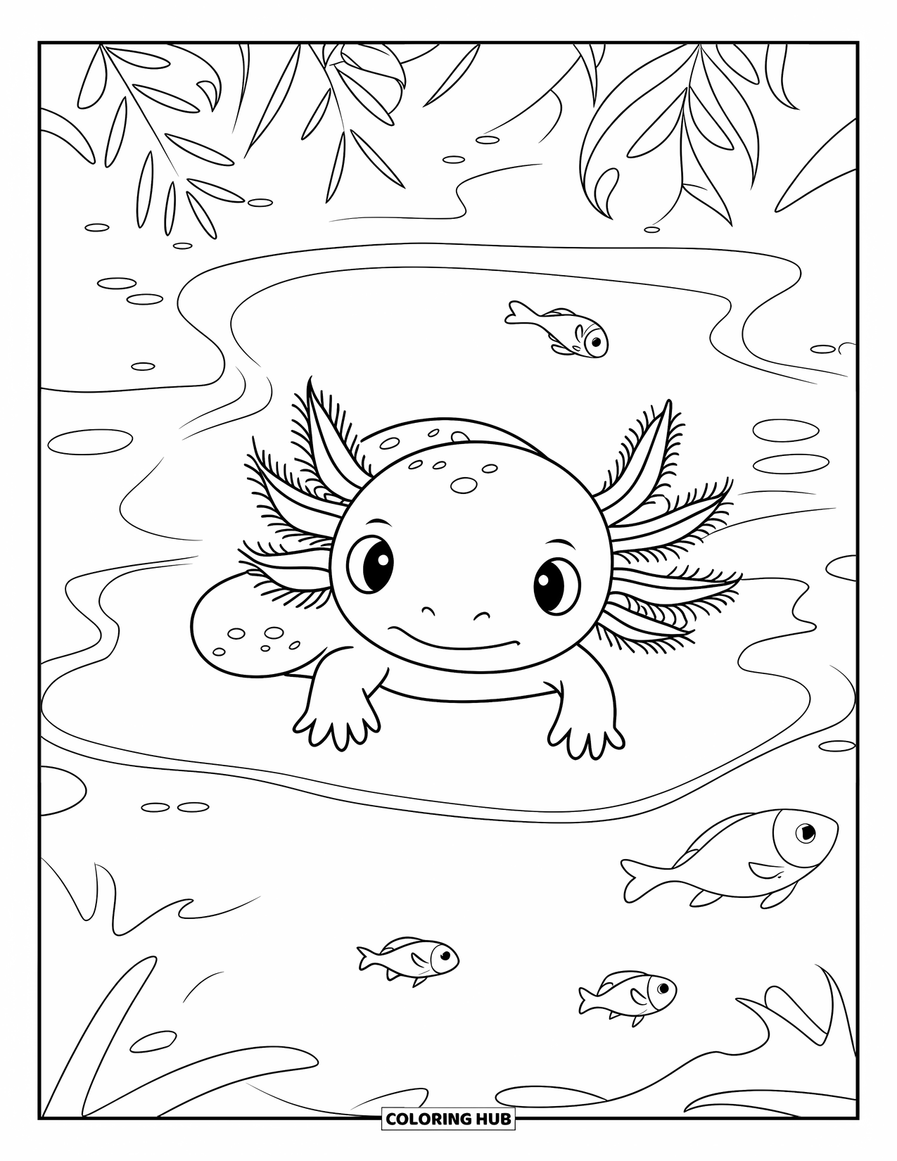 Baby Axolotl Coloring Page for Kids: Axolotl relaxes among leaves with small fish swimming gently