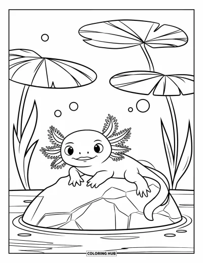 Målarbild med axolotlungar för barn: Axolotl vilar under näckrosor med bubblor som stiger från munnen