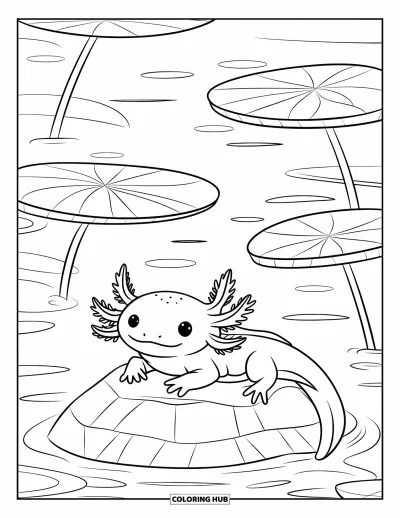 Målarbild med axolotlungar för barn: Axolotl vilar på en sten medan näckrosor flyter försiktigt ovanför
