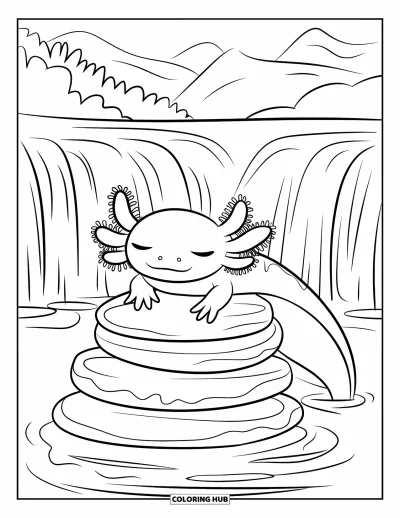 Målarbild med axolotlungar för barn: Axolotl vilar på flodstenar under ett lugnt forsande vattenfall