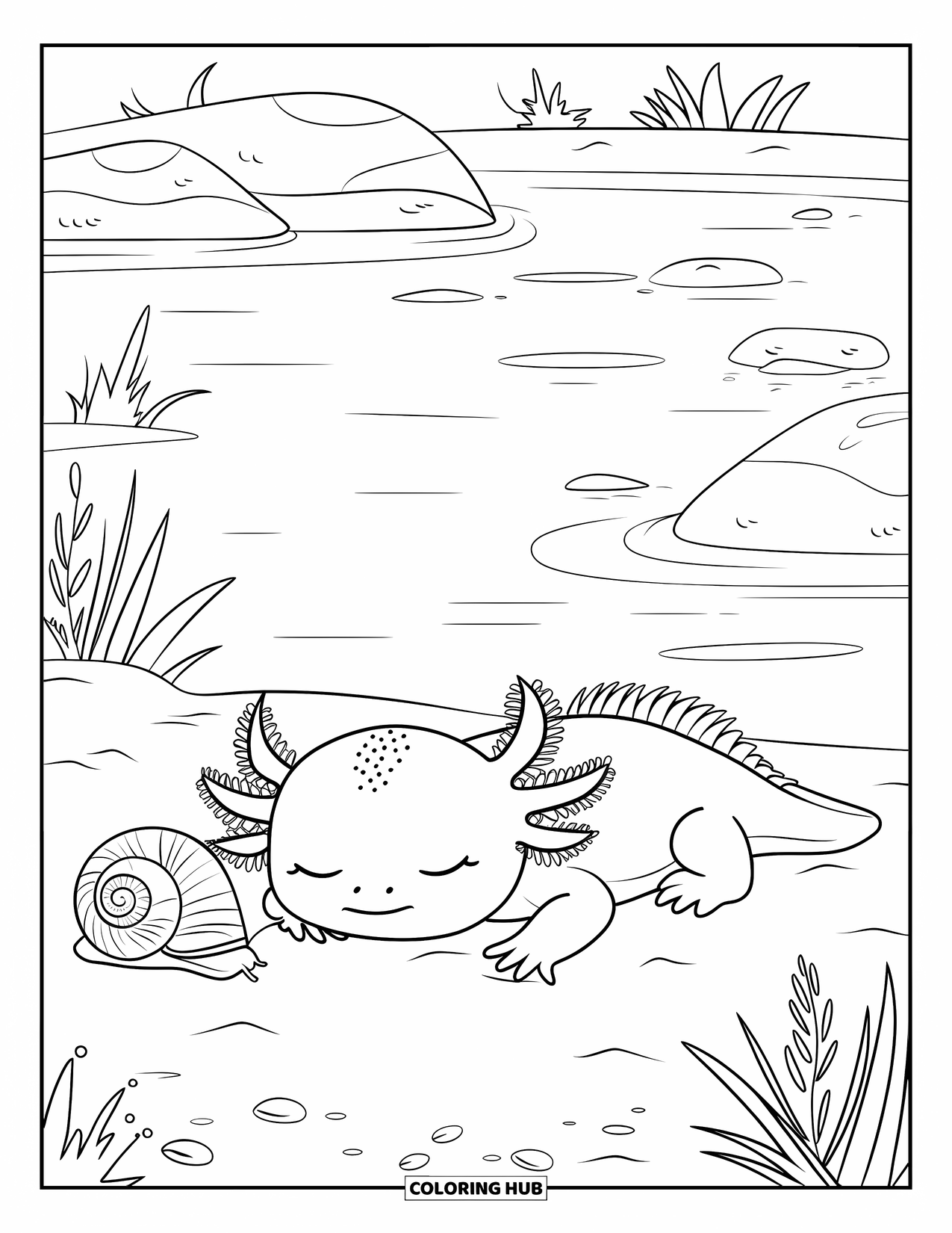 Baby Axolotl Coloring Page for Kids: Axolotl sleeps beside a snail on soft sand in a quiet lake
