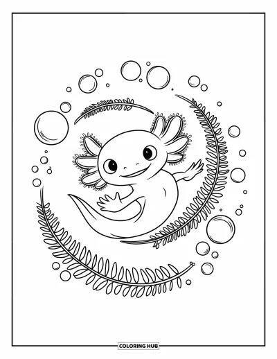 Målarbild med axolotlungar för barn: Axolotl snurrar genom en spiral av bubblor och krulliga ormbunkar
