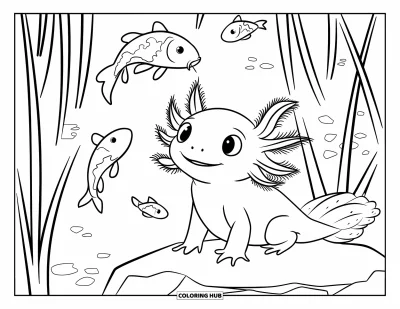 Målarbild med axolotlungar för barn: Axolotl tittar på koifiskar nära vass i en fridfull damm