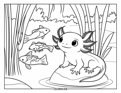 Målarbild med axolotlungar för barn: Axolotl tittar på koifiskar som simmar förbi vass medan den sitter på en sten