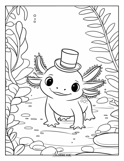 Målarbild med axolotlungar för barn: Axolotl med en liten hög hatt utforskar en lugn undervattens­trädgård