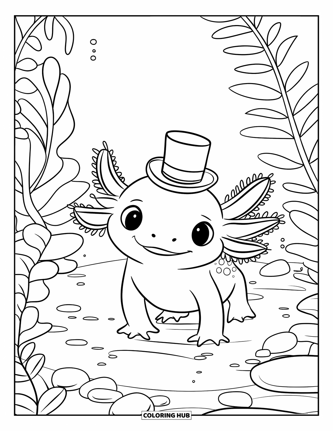 Baby Axolotl Coloring Page for Kids: Axolotl with a tiny top hat explores a calm underwater garden