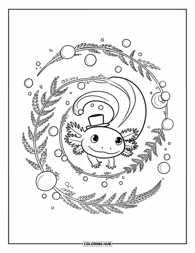 Målarbild med axolotlungar för barn: Axolotl med hög hatt snurrar i bubblor och lekfulla pratbubblor