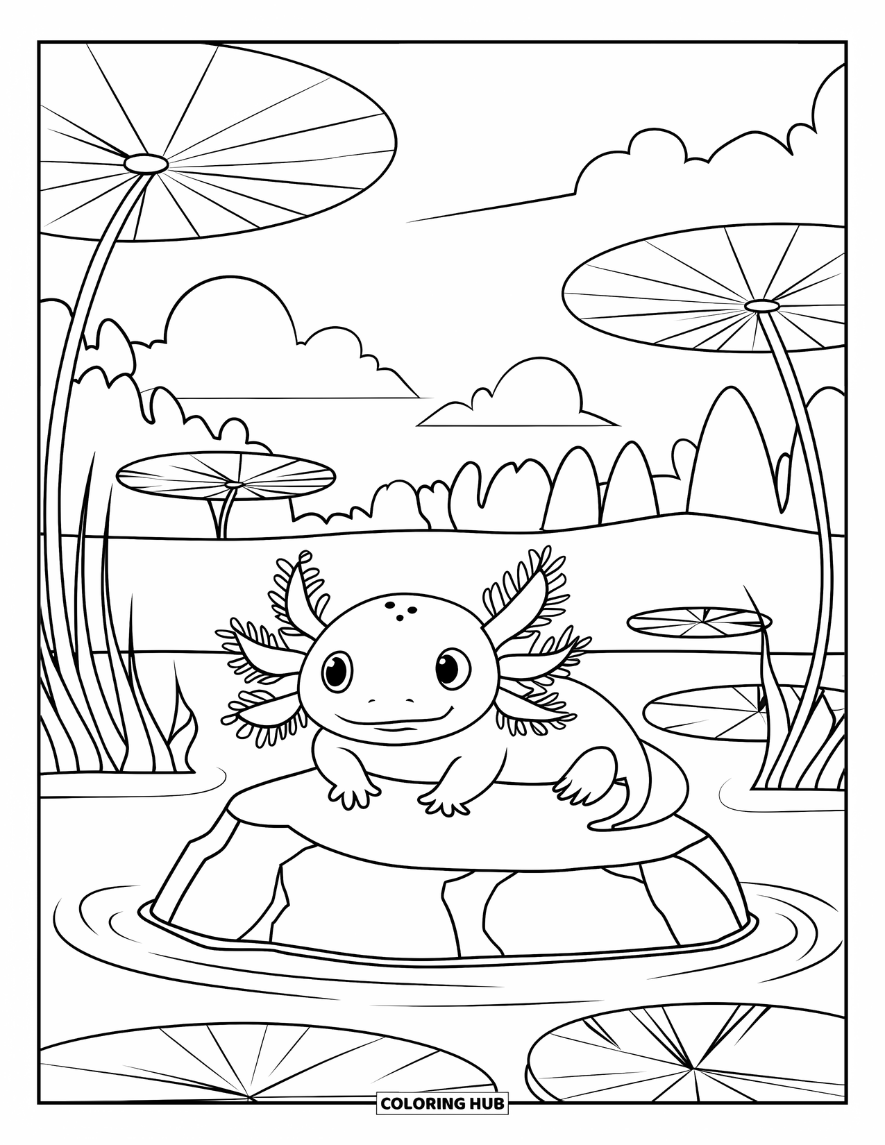 Baby Axolotl Coloring Page for Kids: Axolotl with big eyes rests on a rock in a pond of lily pads