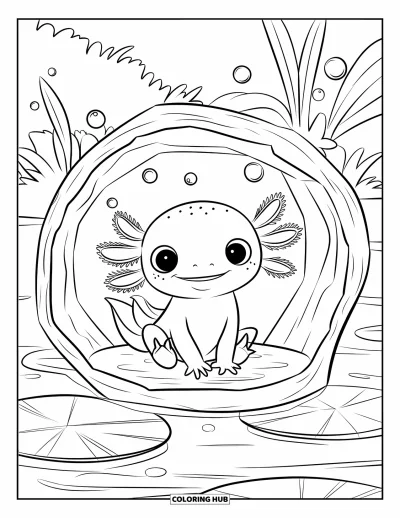 Målarbild med axolotlungar för barn: Axolotl med stora ögon sitter i en stock nära näckrosor och bubblor