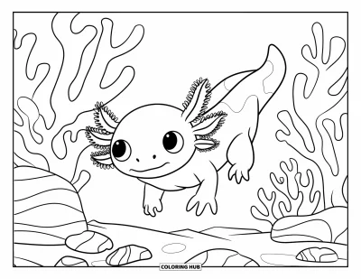 Målarbild med axolotlungar för barn: Axolotl med stora ögon utforskar korallrev och släta stenar