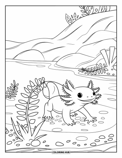 Målarbild med axolotlungar för barn: Axolotlungar utforskar en trädgård av ormbunkar och småsten under vatten