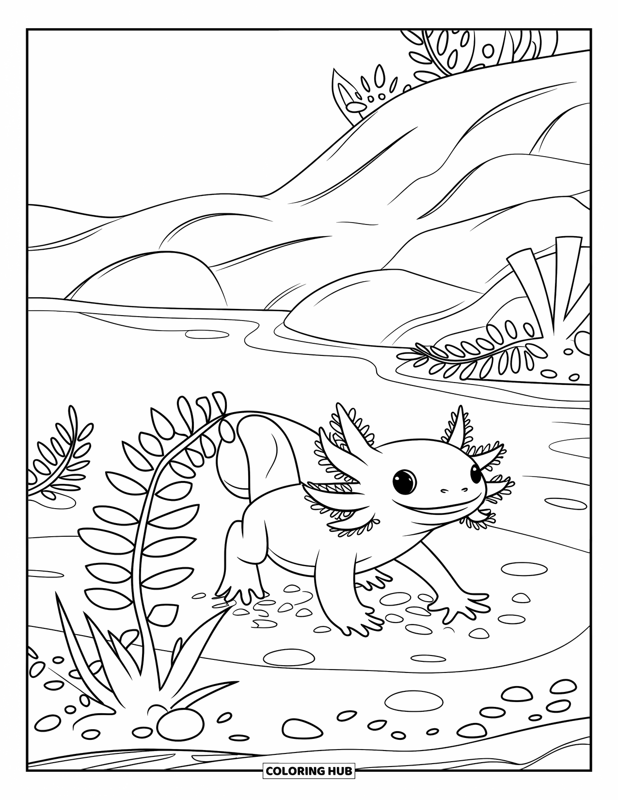 Baby Axolotl Coloring Page for Kids: Baby axolotl explores a garden of ferns and pebbles underwater