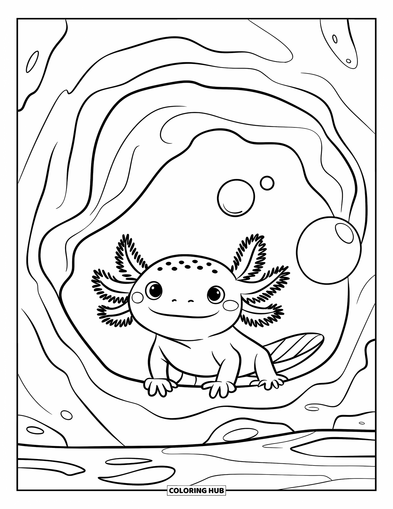 Baby Axolotl Coloring Page for Kids: Baby axolotl peeks out from a cozy cave with a tiny bubble nearby