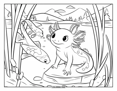 Målarbild med axolotlungar för barn: Axolotlungar sitter på en dammsten och tittar på koifiskar genom vajande vass