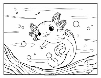 Målarbild med axolotlungar för barn: Axolotlungar snurrar nära en stock i lugnt vatten med mjuka små bubblor