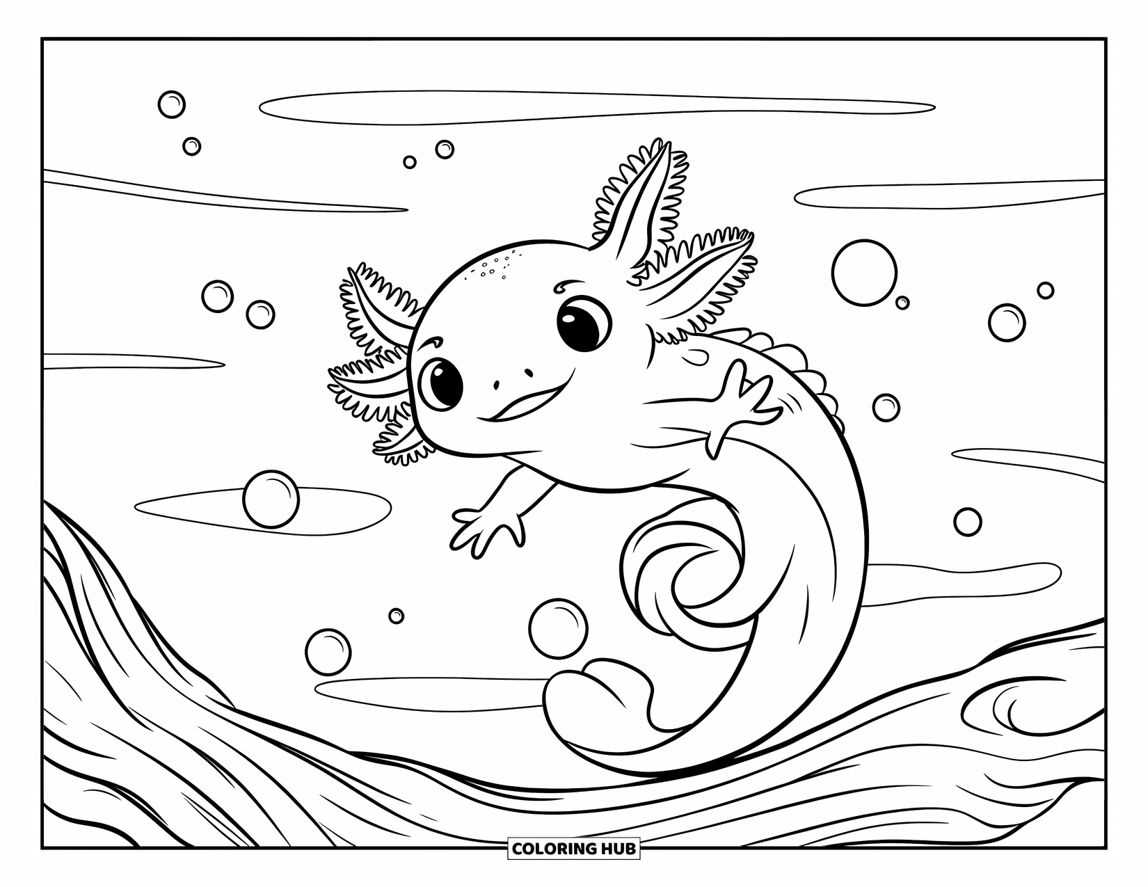 Baby Axolotl Coloring Page for Kids: Baby axolotl swirls near a log in calm water with soft little bubbles