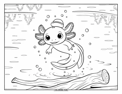 Målarbild med axolotlungar för barn: Axolotlungar snurrar runt drivved med bubblor i en fridfull sjö