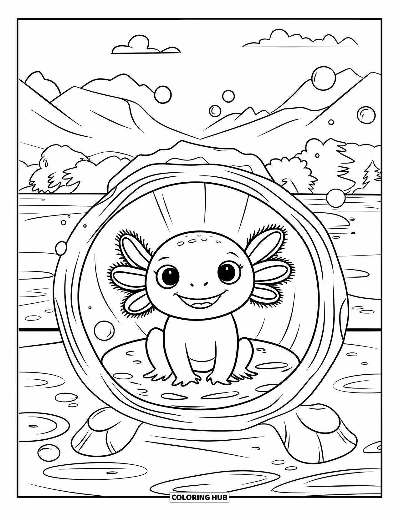 Baby Axolotl Coloring Page for Kids: Cheerful axolotl inside a log surrounded by bubbles and soft scenery