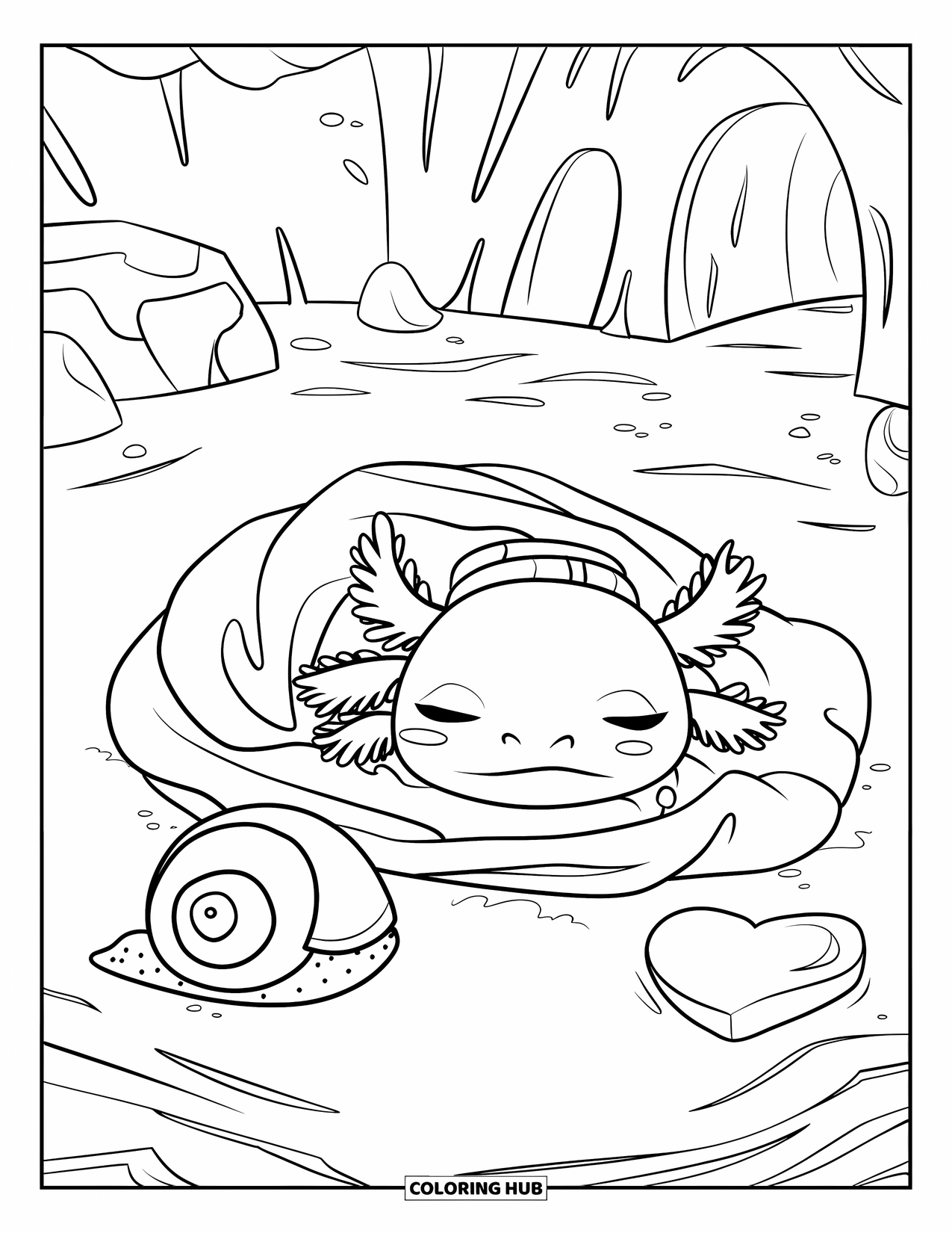 Baby Axolotl Coloring Page for Kids: Cozy axolotl naps on sand beside a snail and a heart-shaped rock