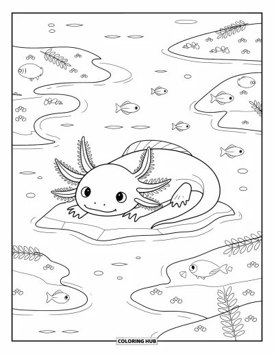 Målarbild med axolotlungar för barn: Ihopkurad axolotl sover i en lövrik vik med fiskar i närheten