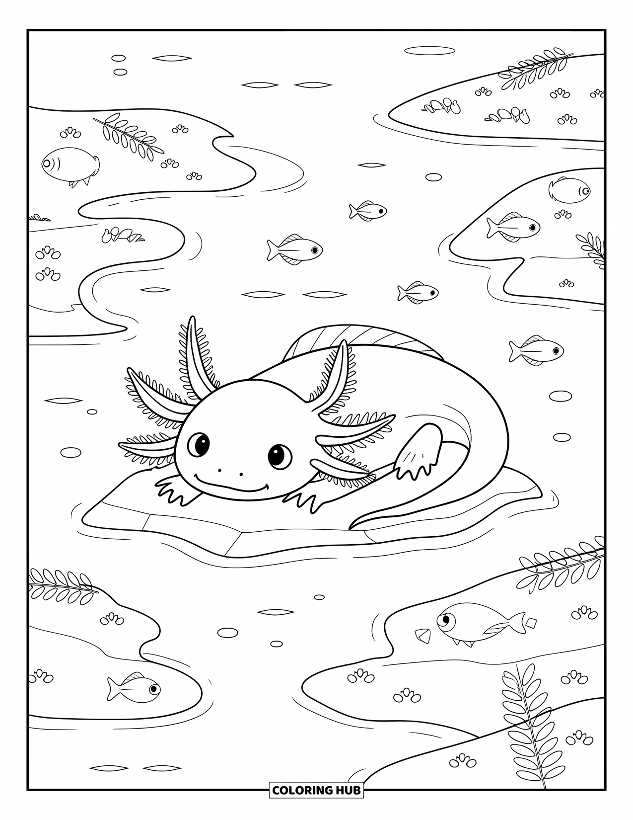 Baby Axolotl Coloring Page for Kids: Curled-up axolotl naps in a leafy cove with fish nearby