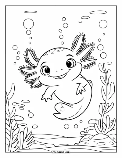 Målarbild med axolotlungar för barn: Glad axolotl blåser bubblor i en stilla damm med växter runtomkring