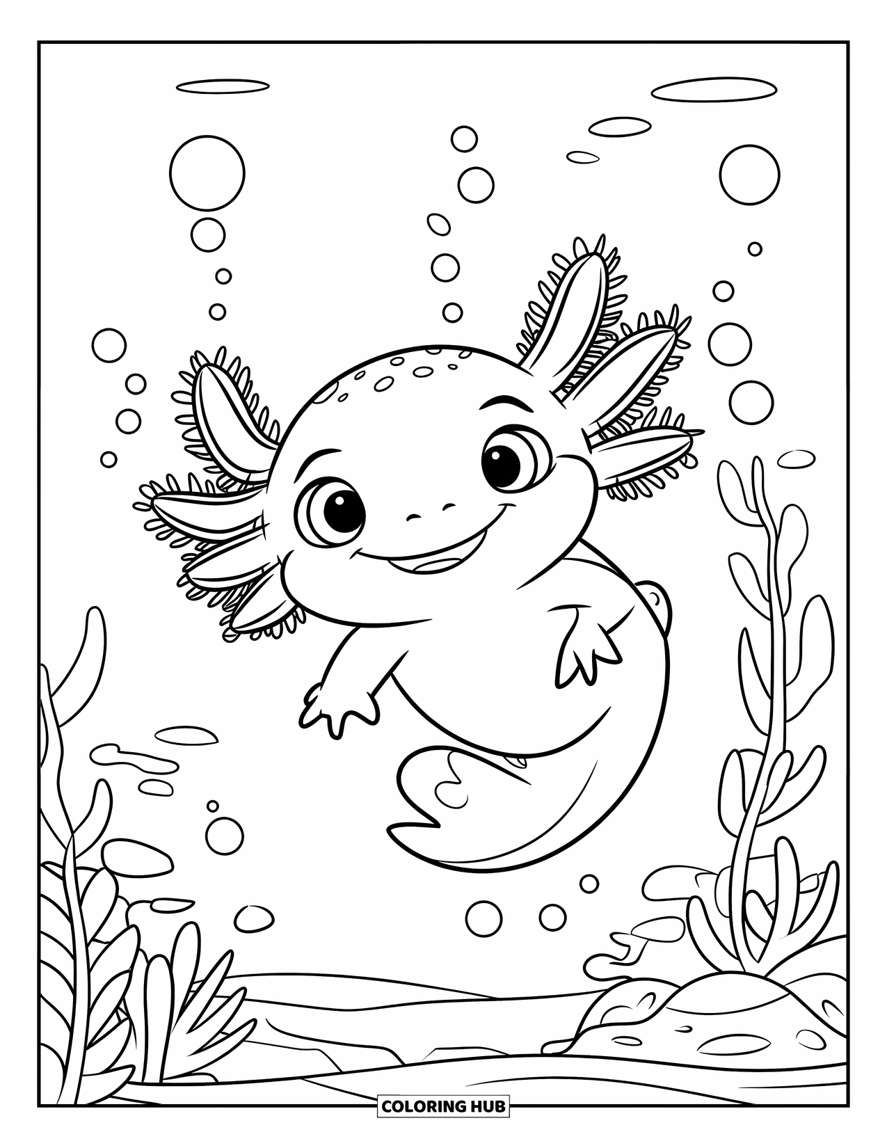 Baby Axolotl Coloring Page for Kids: Happy axolotl blows bubbles in a quiet pond with plants around