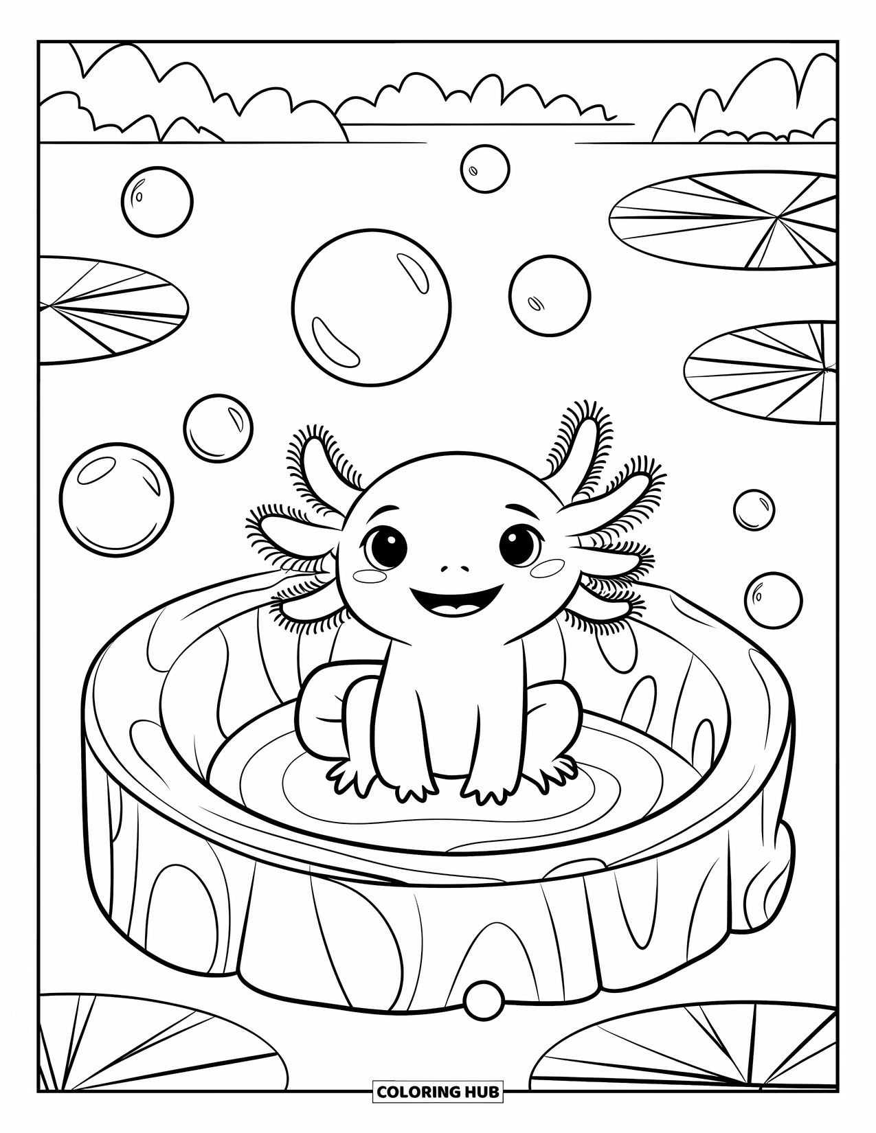 Baby Axolotl Coloring Page for Kids: Happy axolotl sits inside a hollow log with bubbles all around