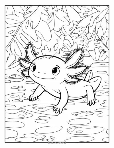 Målarbild med axolotlungar för barn: Glad axolotl simmar genom lövrika dammvatten fulla av alger
