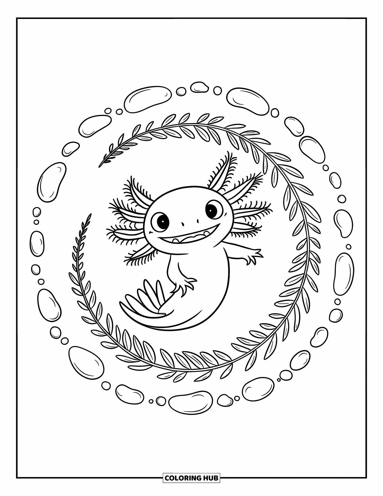 Baby Axolotl Coloring Page for Kids: Happy axolotl swirls inside a spiral of bubbles and leaves