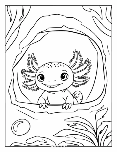 Målarbild med axolotlungar för barn: Lekfull axolotl tittar ut från en grotta med en bubbla flytande bredvid sig