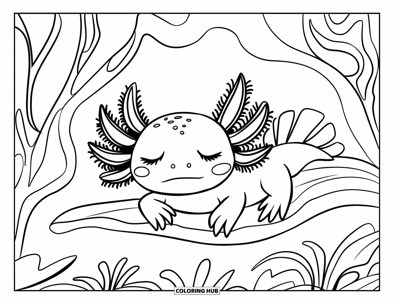 Baby Axolotl Coloring Page for Kids: Sleepy axolotl lies on a leaf near a cozy driftwood shelter