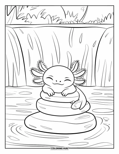Målarbild med axolotlungar för barn: Sömnig axolotl vilar på staplade stenar under ett vattenfall