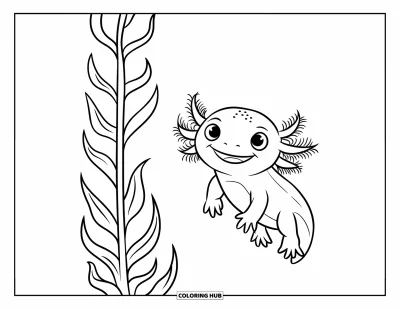 Målarbild med axolotlungar för barn: Leende axolotl flyter bredvid en lång undervattensväxt