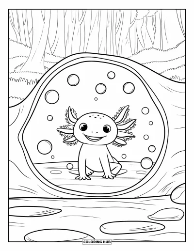 Målarbild med axolotlungar för barn: Leende axolotl vilar inuti en stock omgiven av mjuka bubblor