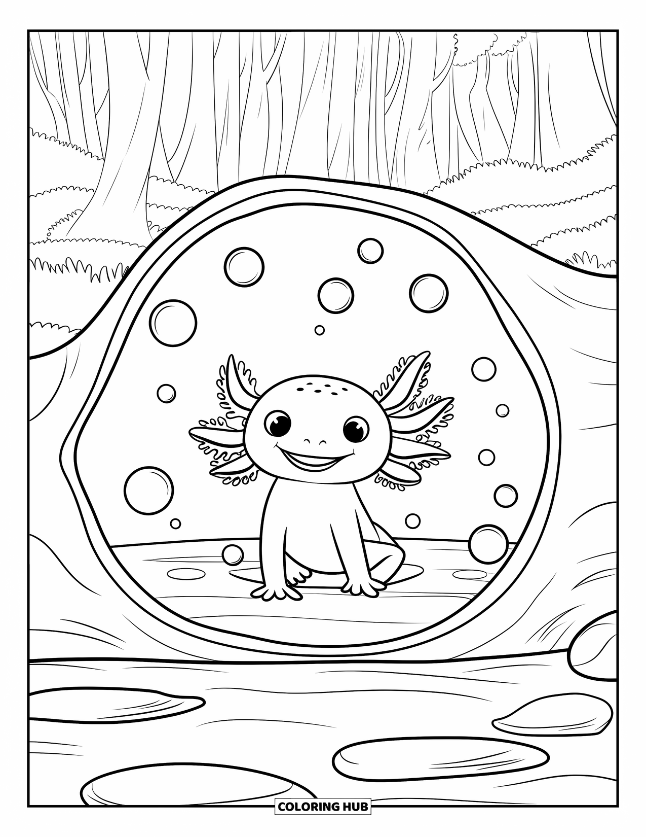 Baby Axolotl Coloring Page for Kids: Smiling axolotl rests inside a log surrounded by gentle bubbles