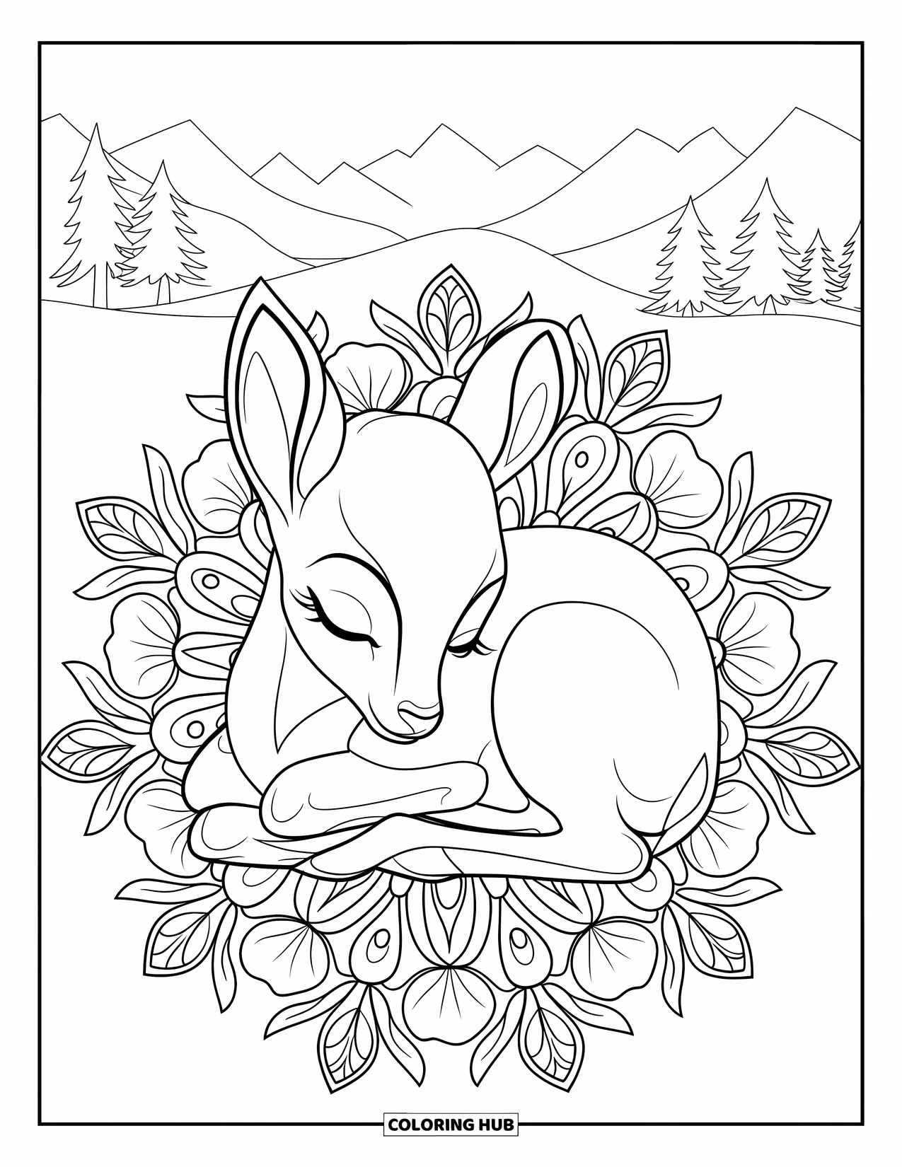 Baby Deer Coloring Page for Adults: A baby deer curls up in a field of flowers within a full-page floral mandala