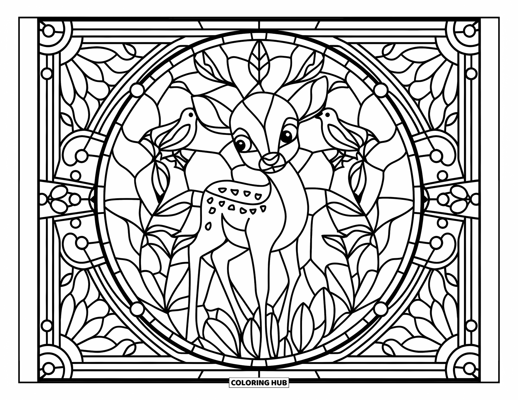 Baby Deer Coloring Page for Adults: A baby deer is framed by a stained glass circle filled with birds and leafy details